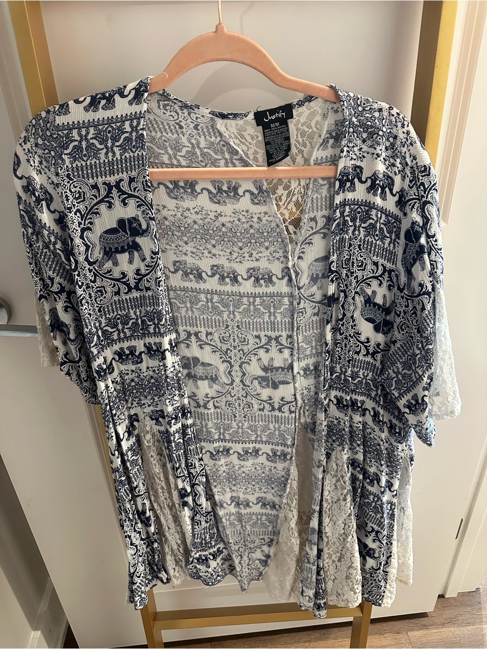 Justify Blue and White Lace-Trim Printed Top